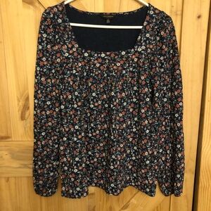 Lucky Brand Navy Floral Blouse Squared Neck Womens Size SP